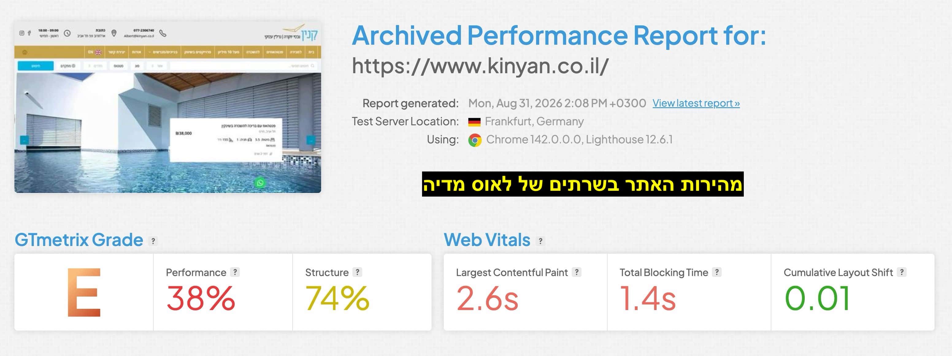 דוח ביצועים בשרת הישן: E, ביצועים 38%, מבנה 74%, LCP 2.6 שניות